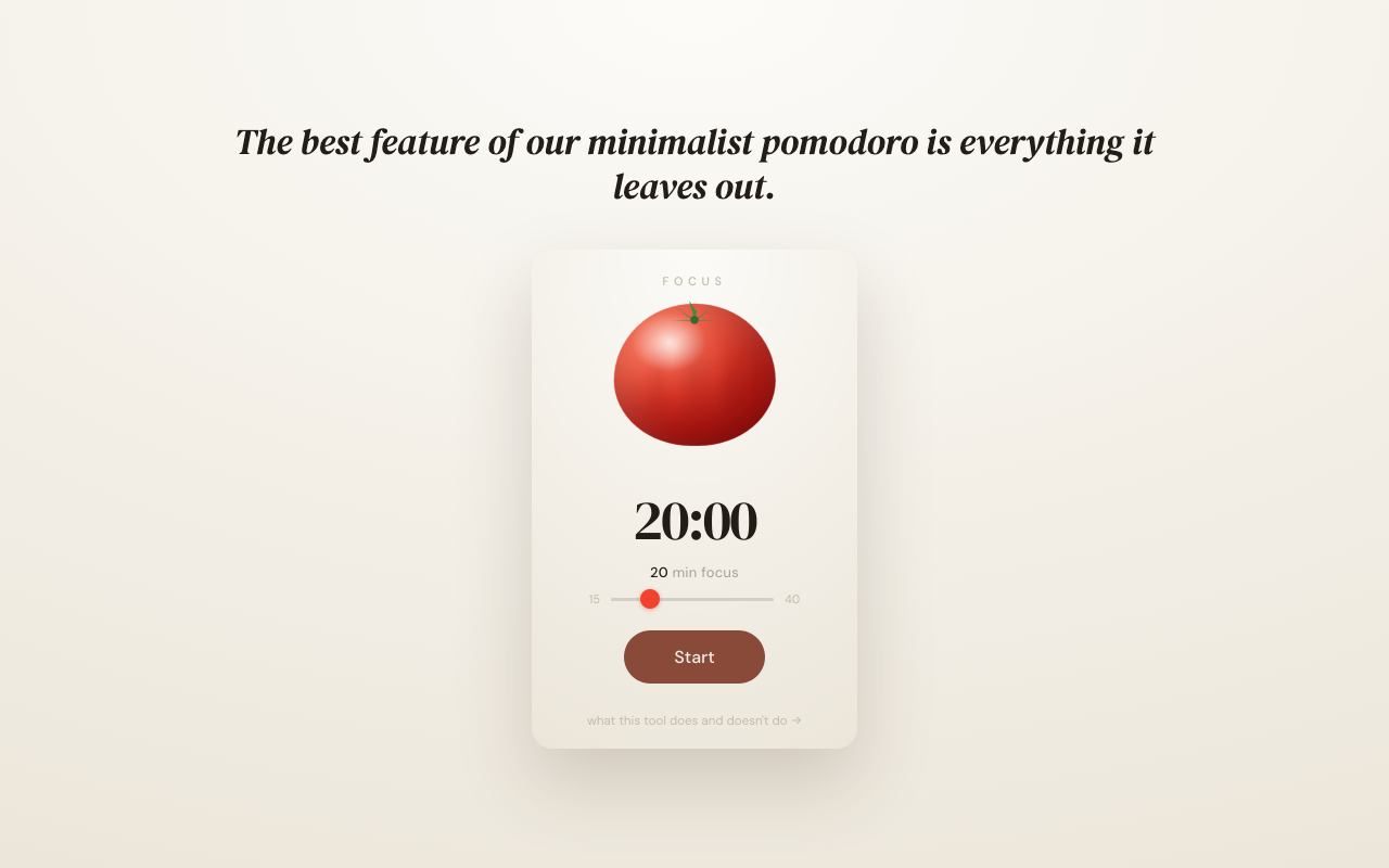 The focus timer set to a 20 minute session, with a tomato and a Start button.
